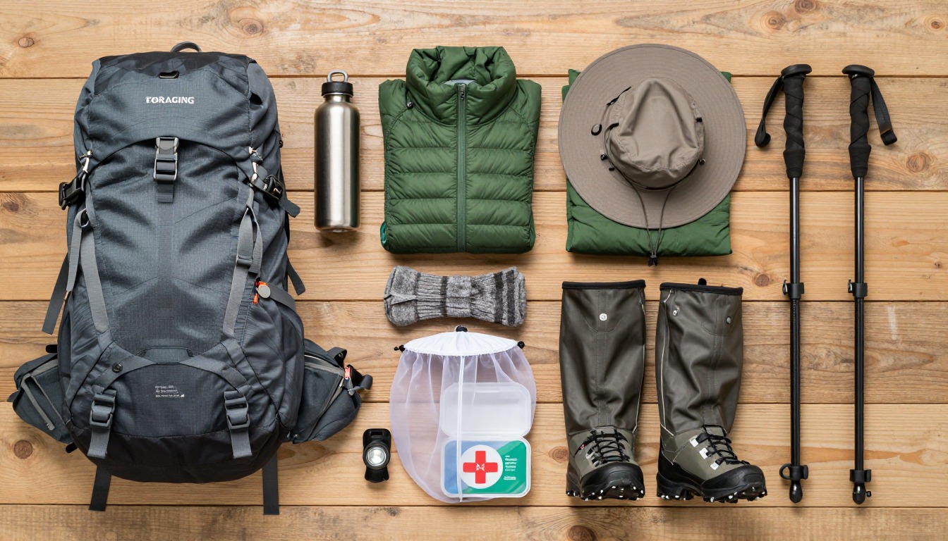 Flat-lay illustration of a complete foraging day hike setup kit