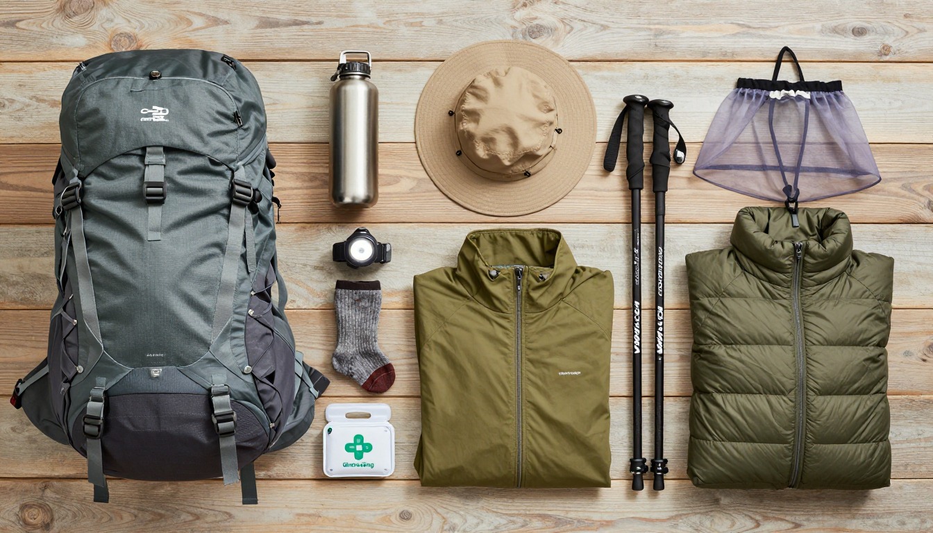 Flat-lay illustration of a complete geocaching day hike setup kit