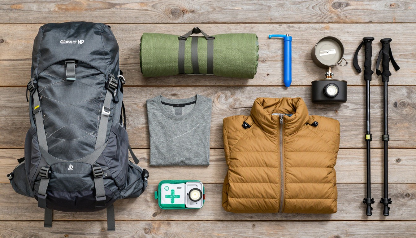 Flat-lay illustration of a complete glacier national park backpacking setup kit