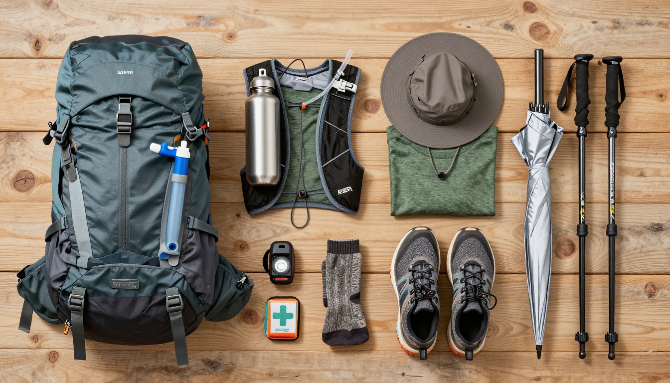Flat-lay illustration of a complete grand canyon rim-to-rim setup kit