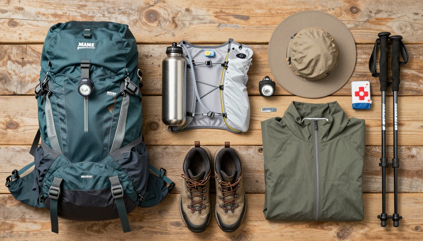 Flat-lay illustration of a complete half dome day hike setup kit