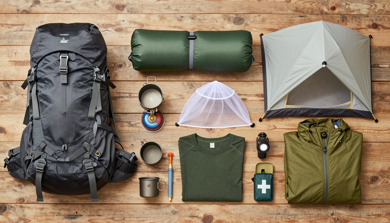 Flat-lay illustration of a complete hammock camping setup kit