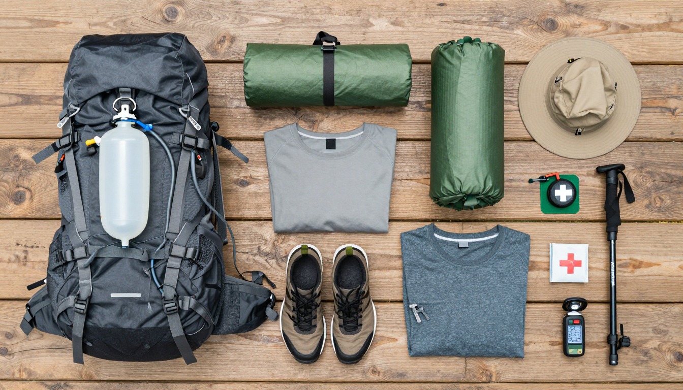 Flat-lay illustration of a complete havasu falls backpacking setup kit