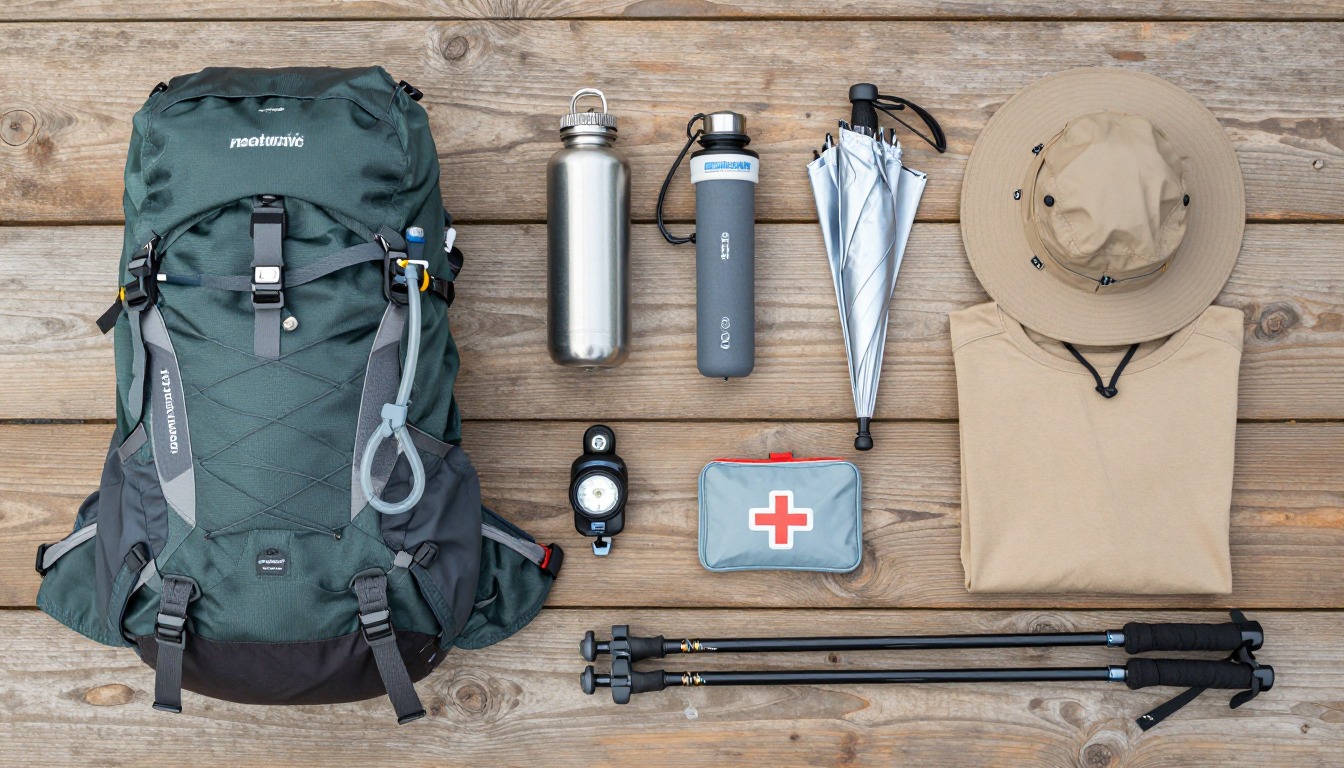 Flat-lay illustration of a complete heatwave safety hiking setup kit