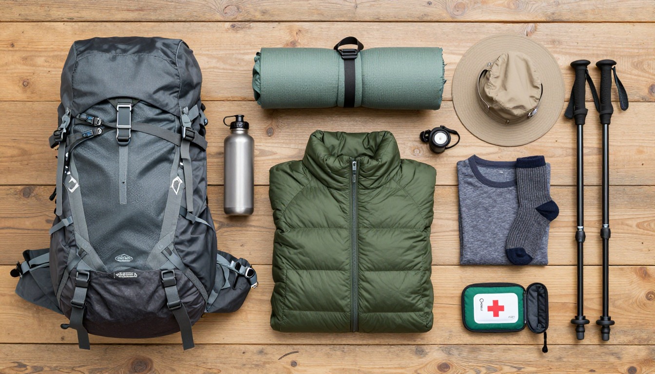 Flat-lay illustration of a complete high-altitude trek setup kit