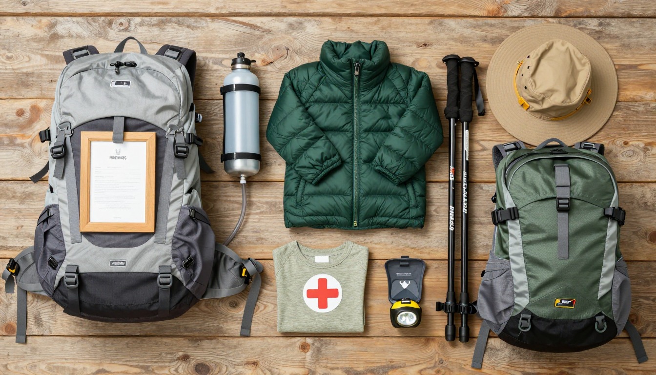 Flat-lay illustration of a complete hiking-with-a-baby-or-toddler setup kit