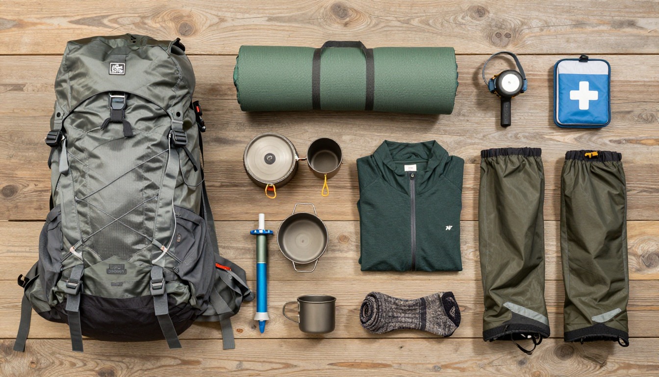 Flat-lay illustration of a complete hot & humid jungle trek setup kit