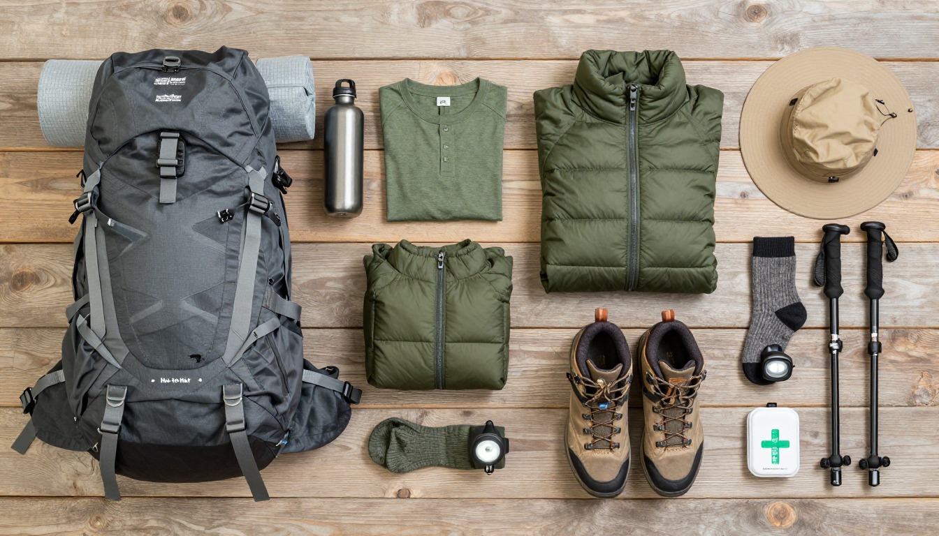 Flat-lay illustration of a complete hut-to-hut trekking setup kit