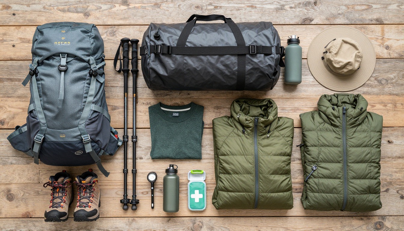 Flat-lay illustration of a complete inca trail to machu picchu setup kit