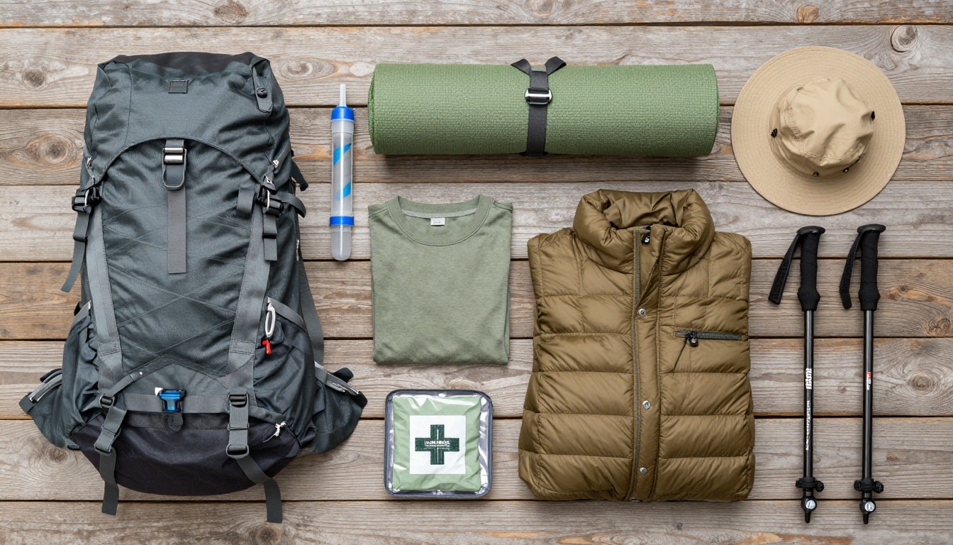 Flat-lay illustration of a complete john muir trail setup kit