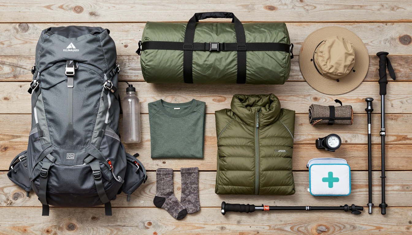 Flat-lay illustration of a complete kilimanjaro trek setup kit