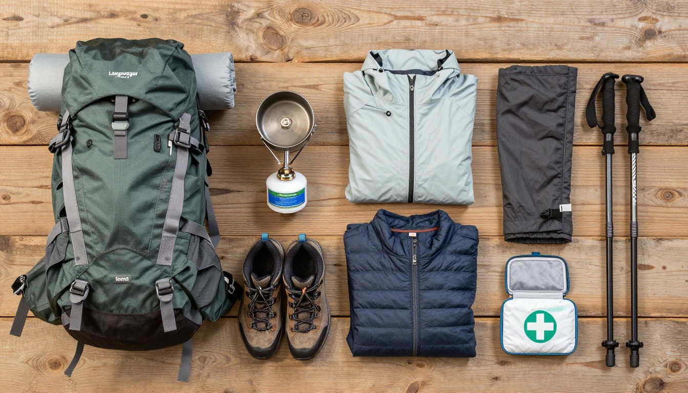 Flat-lay illustration of a complete laugavegur trek setup kit