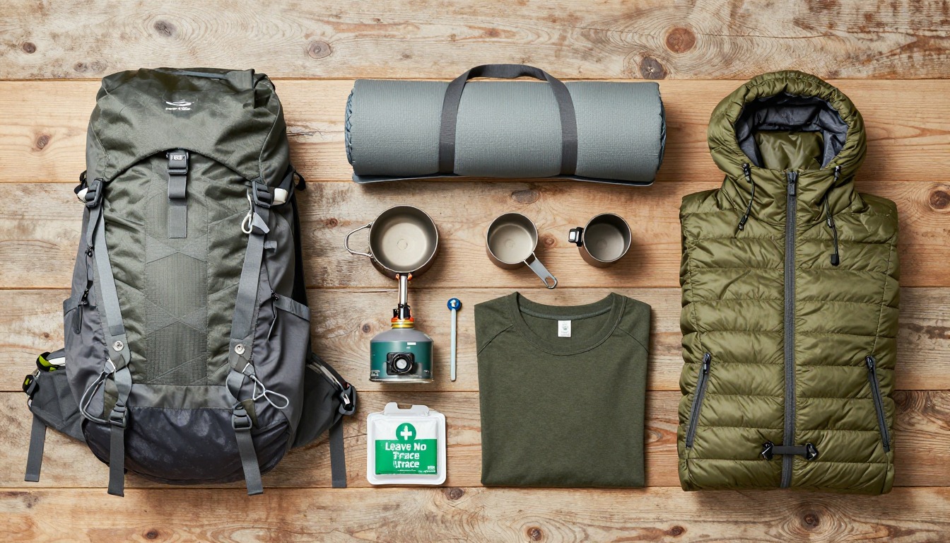 Flat-lay illustration of a complete leave no trace minimal-impact setup kit