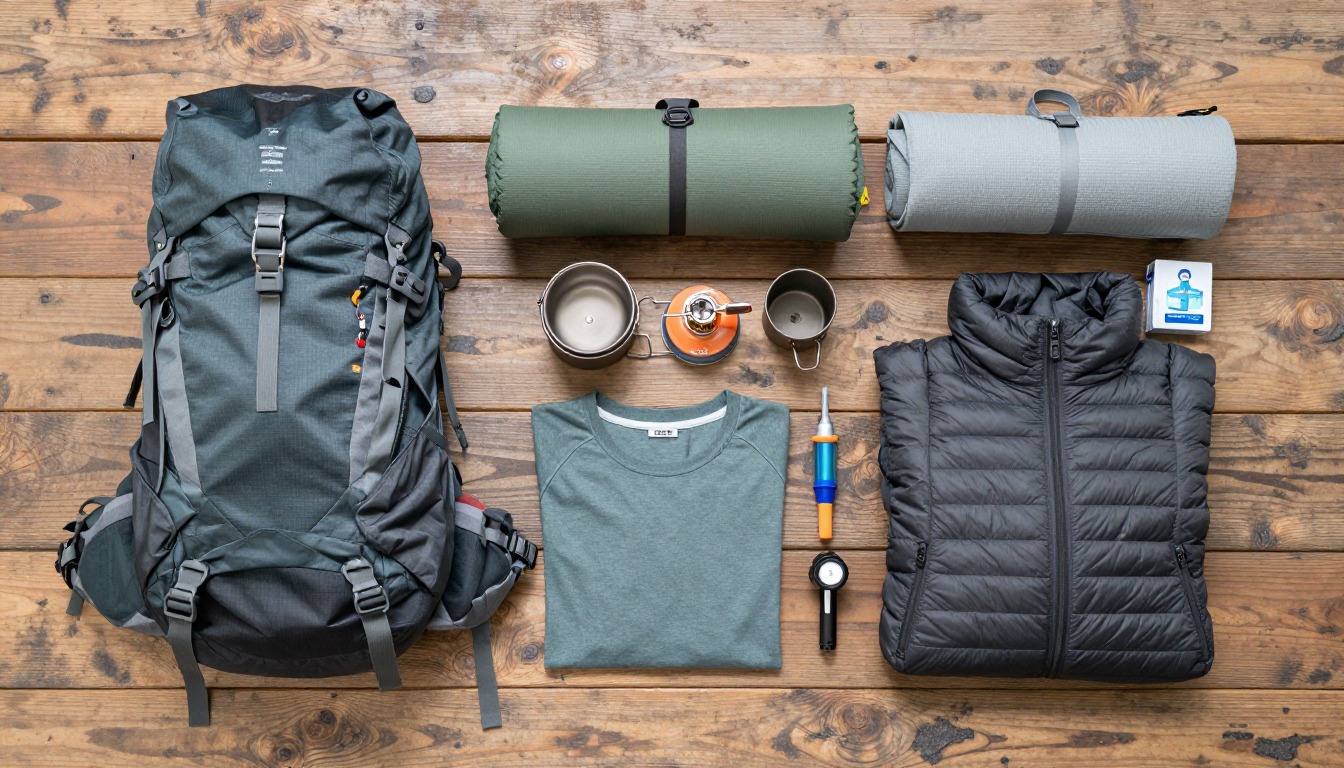 Flat-lay illustration of a complete long-weekend (3-day) backpacking setup kit