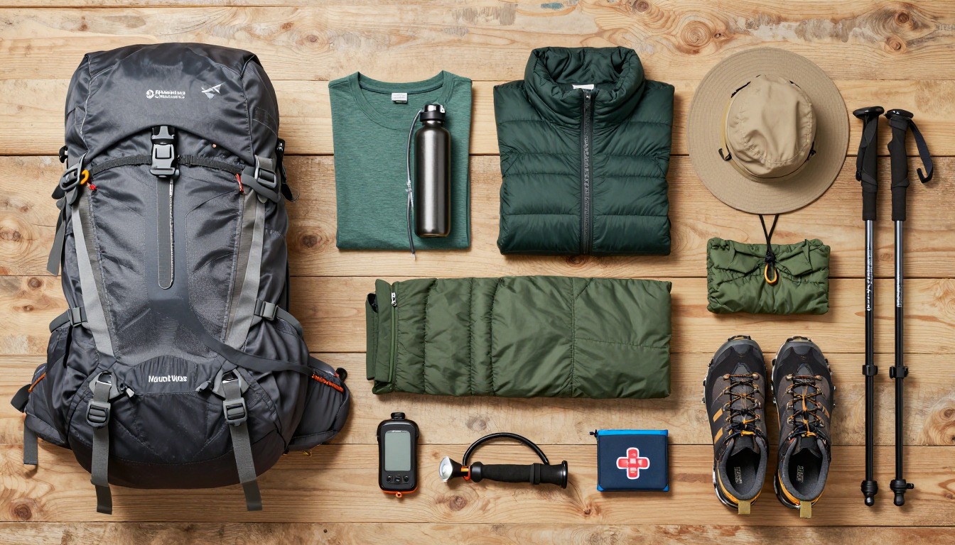 Flat-lay illustration of a complete mount whitney day hike setup kit