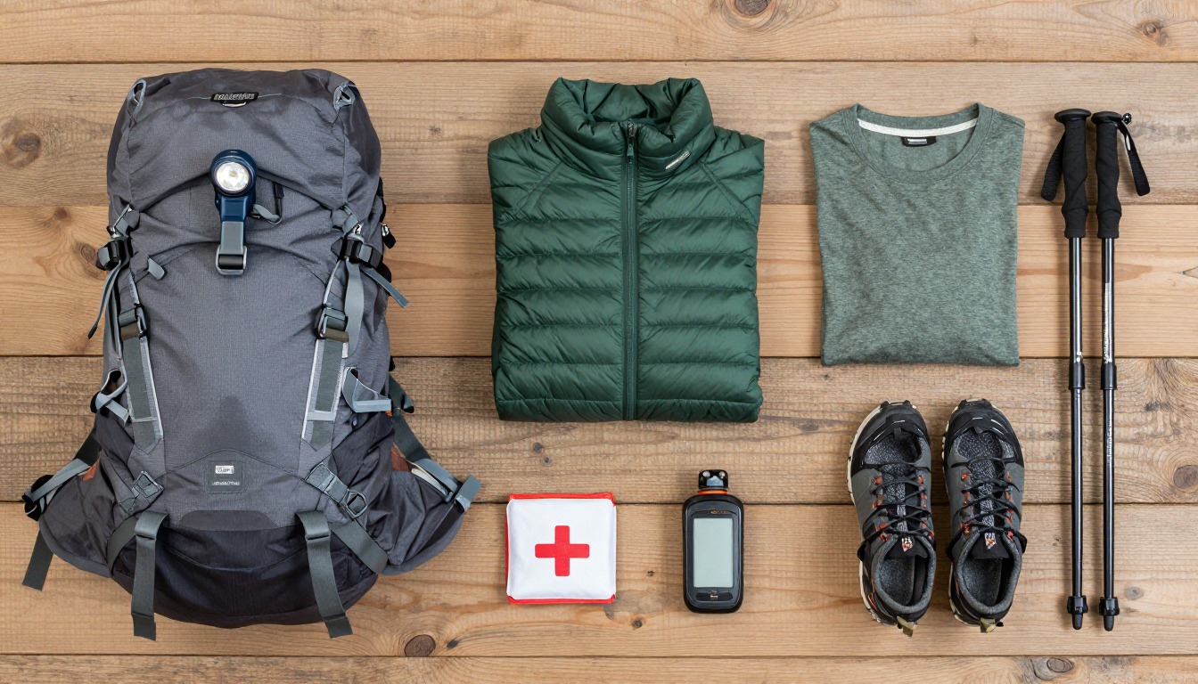 Flat-lay illustration of a complete mountain sunrise hike setup kit