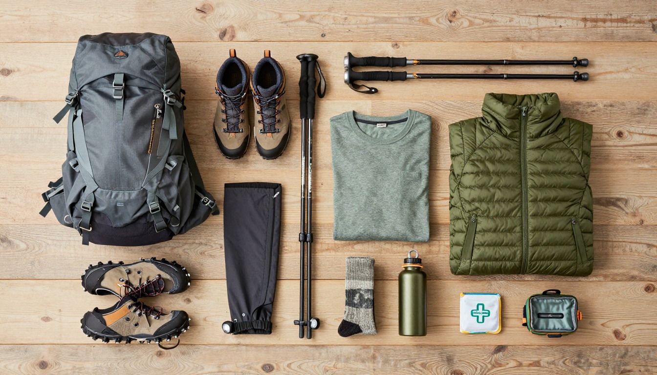 Flat-lay illustration of a complete mud-season hiking setup kit