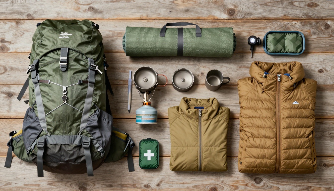 Flat-lay illustration of a complete multi-day backpacking setup kit