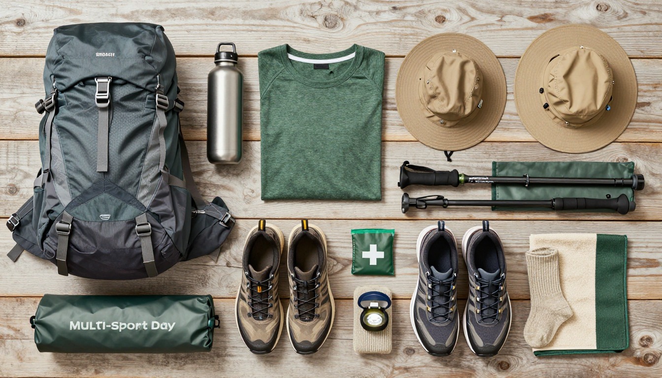 Flat-lay illustration of a complete multi-sport day setup (hike + swim + scramble) kit