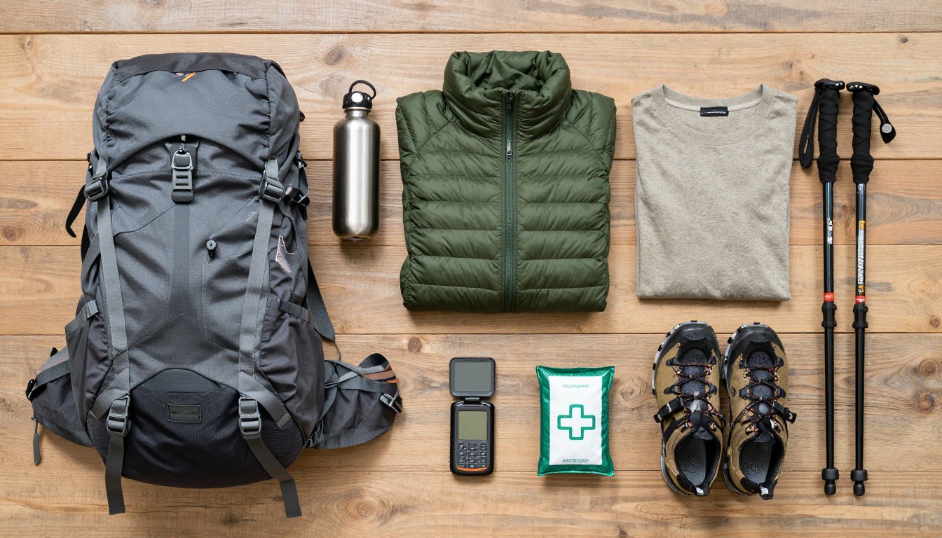 Flat-lay illustration of a complete night hiking setup kit