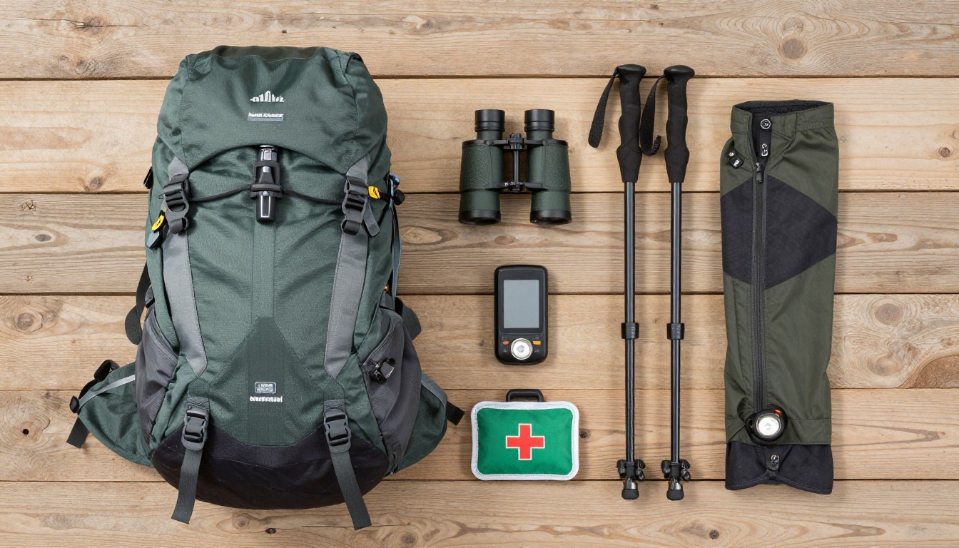 Flat-lay illustration of a complete off-trail navigation setup kit