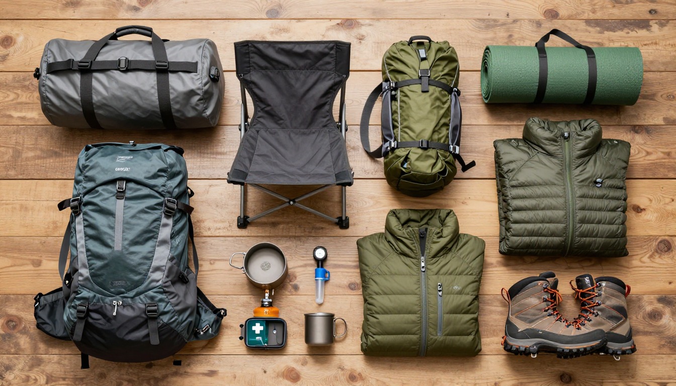 Flat-lay illustration of a complete overlanding basecamp + hikes setup kit