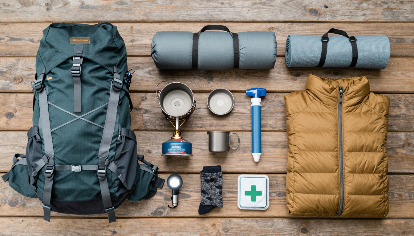 Flat-lay illustration of a complete overnight backpacking setup kit