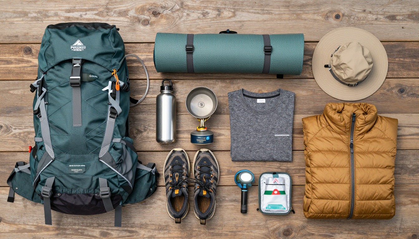 Flat-lay illustration of a complete pacific crest trail section-hike setup kit