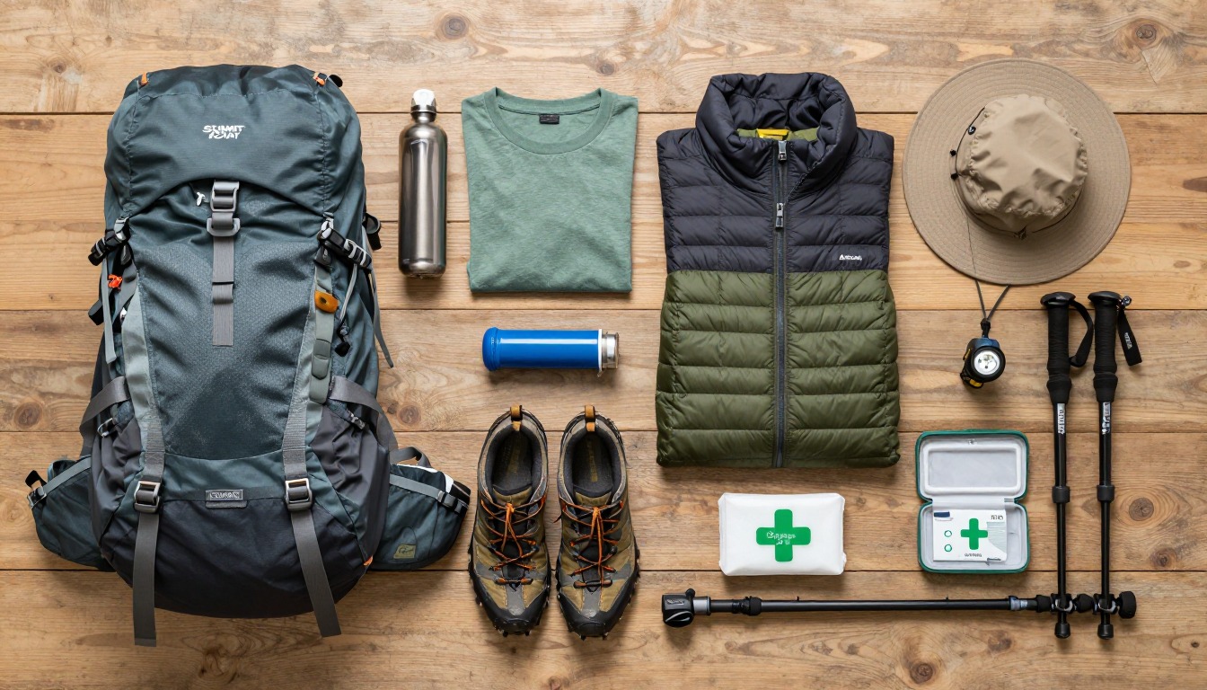 Flat-lay illustration of a complete peak bagging (summit day) setup kit