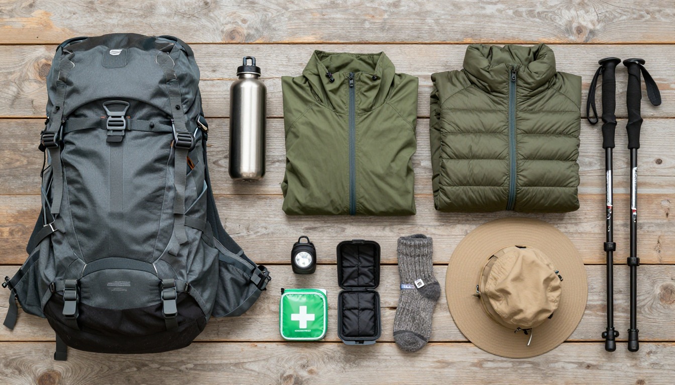 Flat-lay illustration of a complete photography hiking setup kit