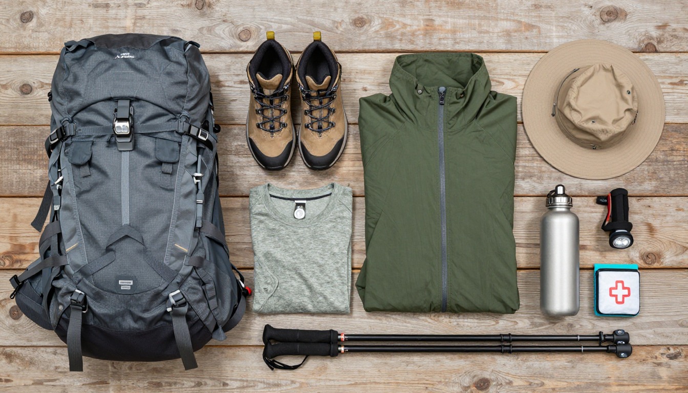 Flat-lay illustration of a complete plus-size hiker setup kit