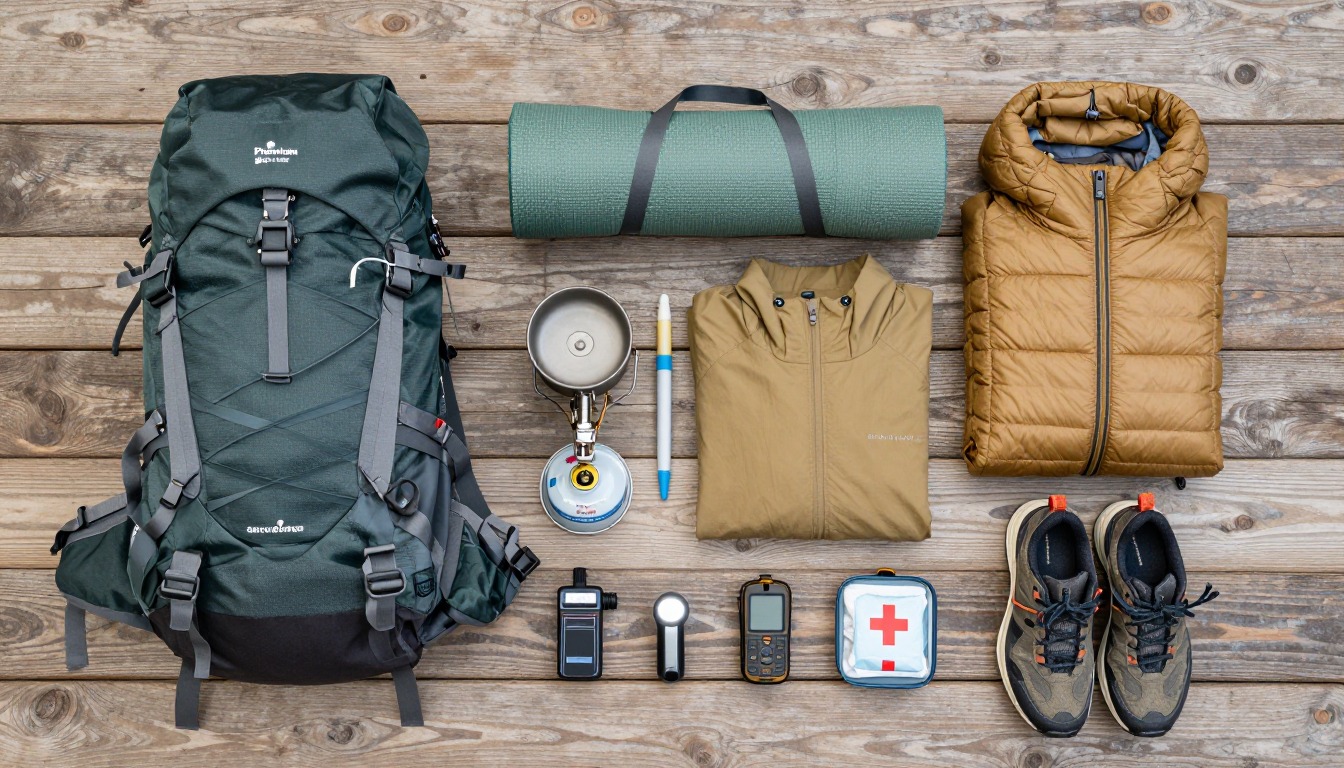 Flat-lay illustration of a complete premium splurge backpacking setup kit