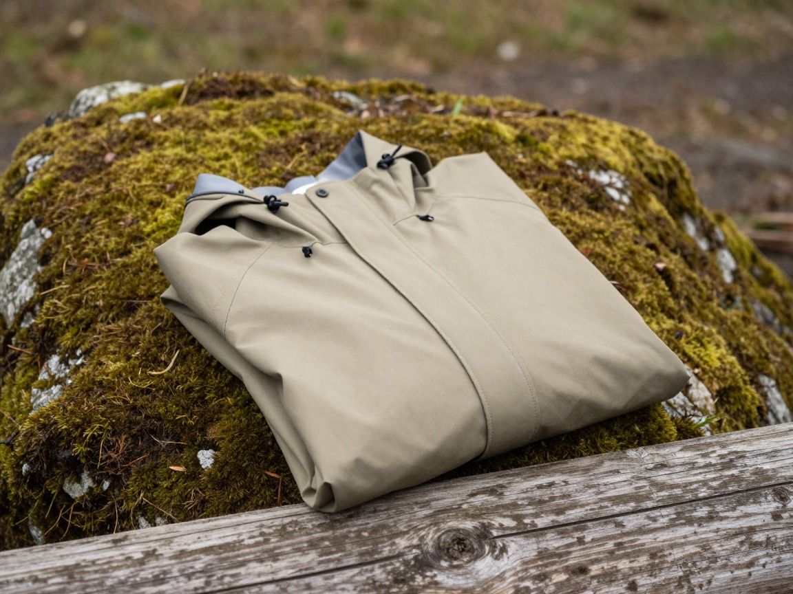 Illustration of a neatly folded waterproof rain shell jacket