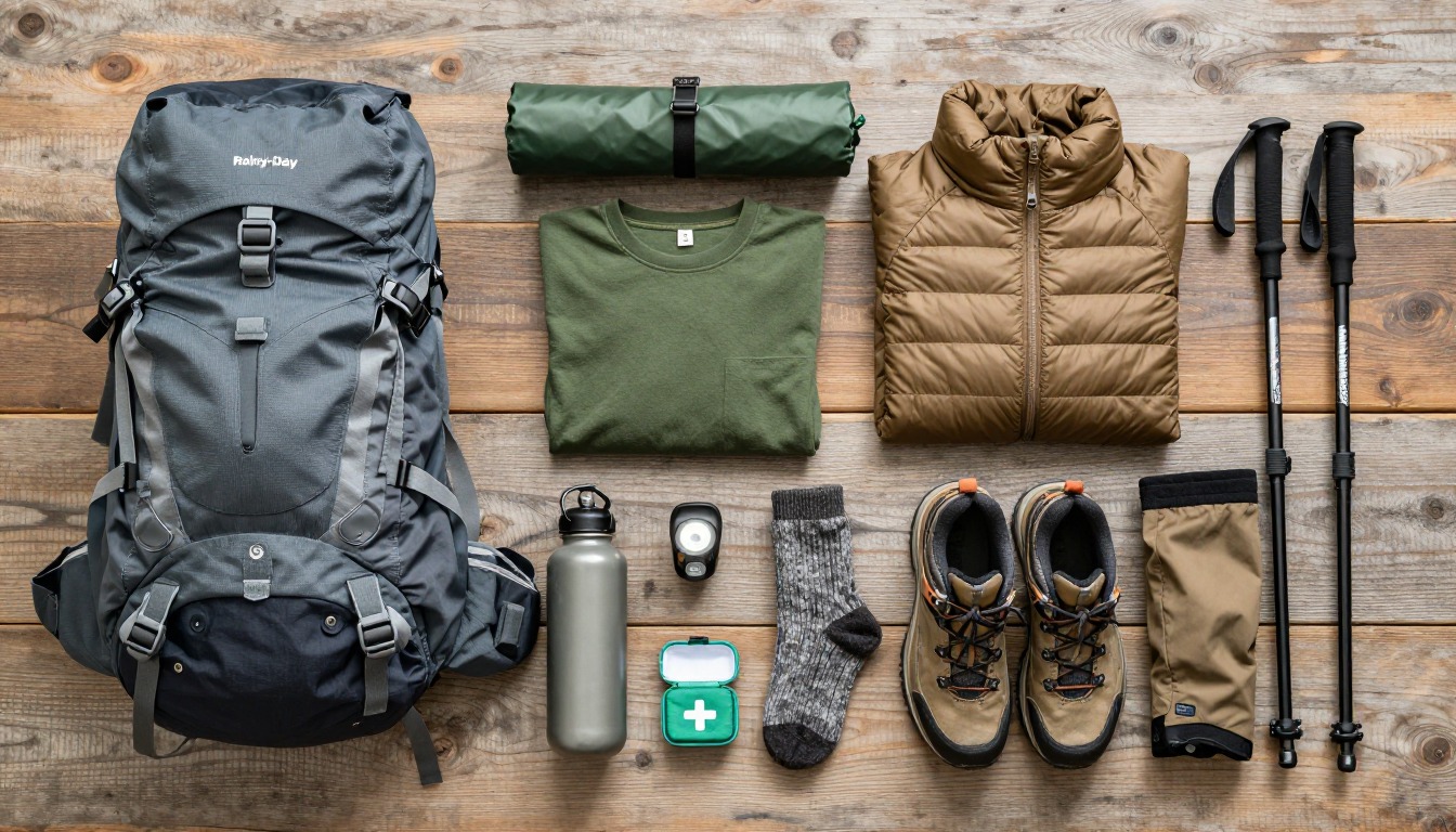 Flat-lay illustration of a complete rainy-day hike setup kit