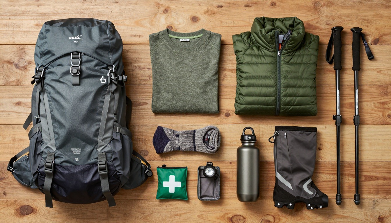 Flat-lay illustration of a complete rainy-weather hiking setup kit