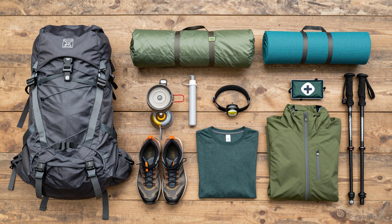 Flat-lay illustration of a complete river-crossing route setup kit