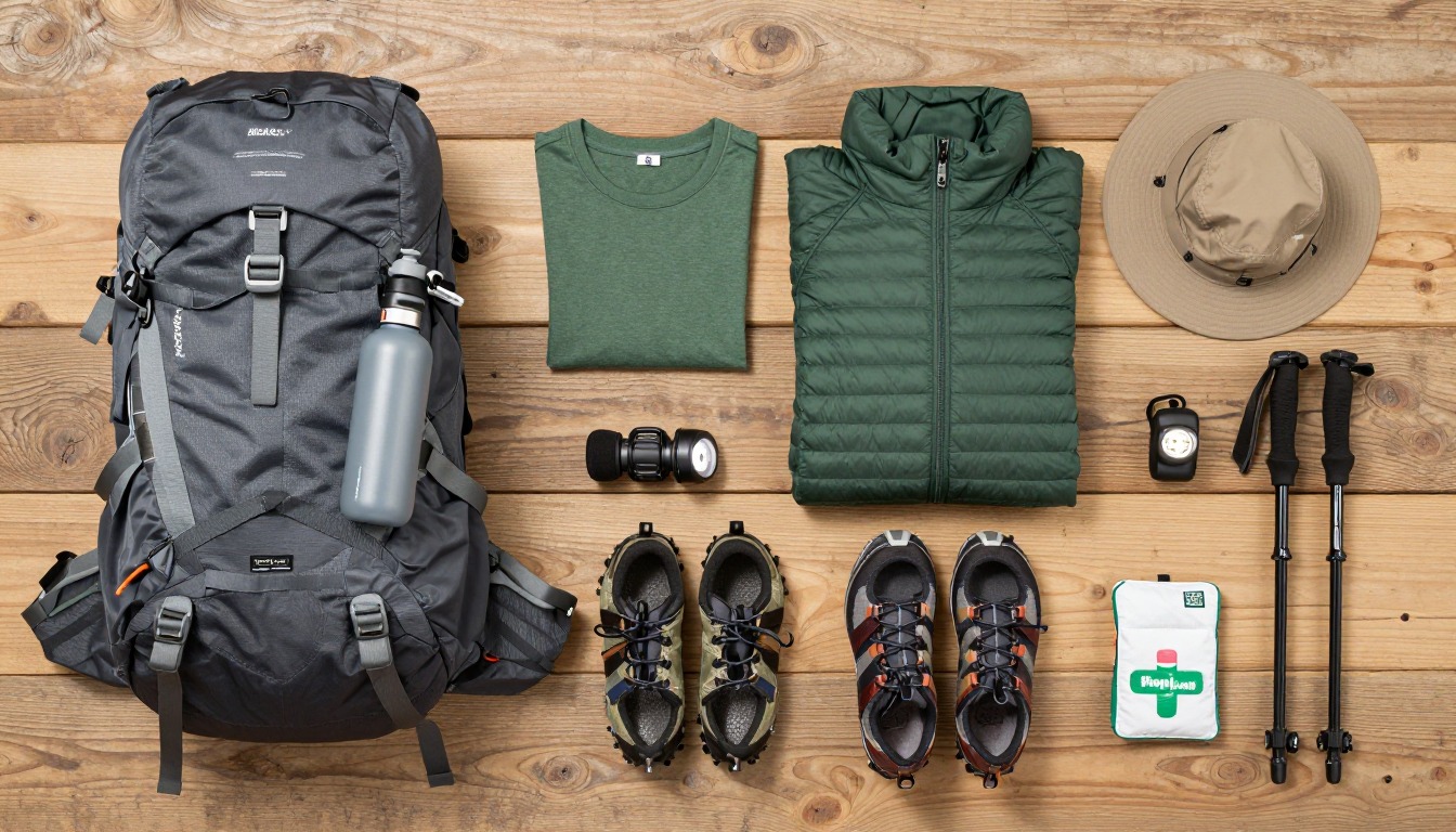 Flat-lay illustration of a complete rocky mountain national park day hike setup kit
