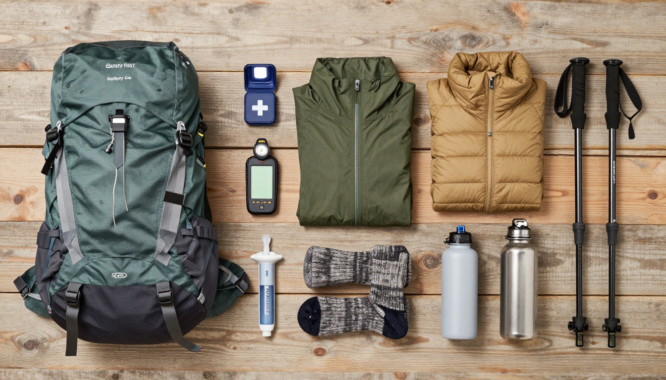 Flat-lay illustration of a complete safety & first-aid-focused setup kit