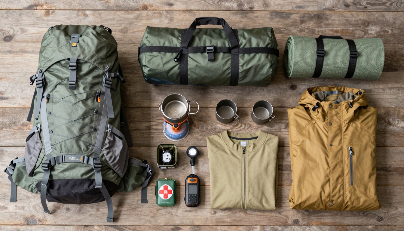 Flat-lay illustration of a complete scout & group backpacking setup kit