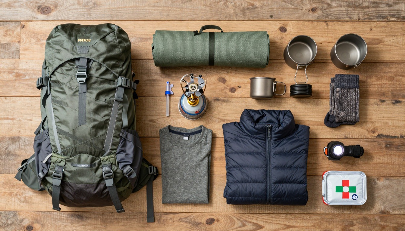 Flat-lay illustration of a complete section-hiking setup kit