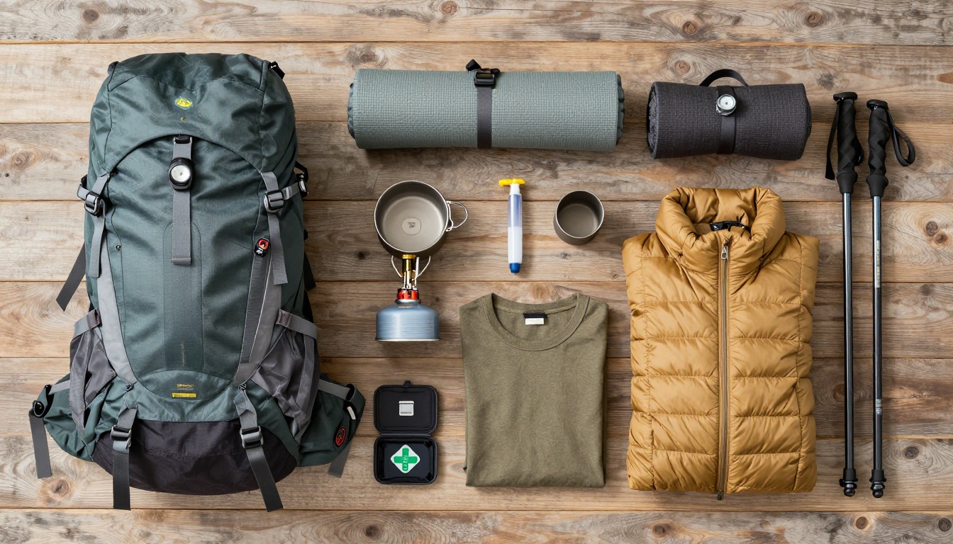 Flat-lay illustration of a complete shoulder-season backpacking setup kit