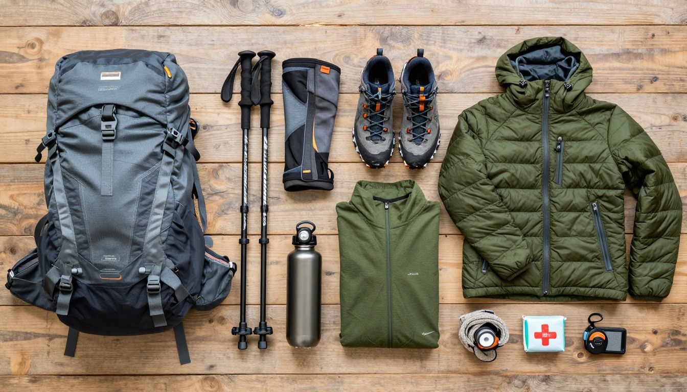 Flat-lay illustration of a complete snowshoeing day-trip setup kit