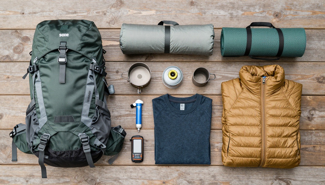 Flat-lay illustration of a complete solo backpacking setup kit