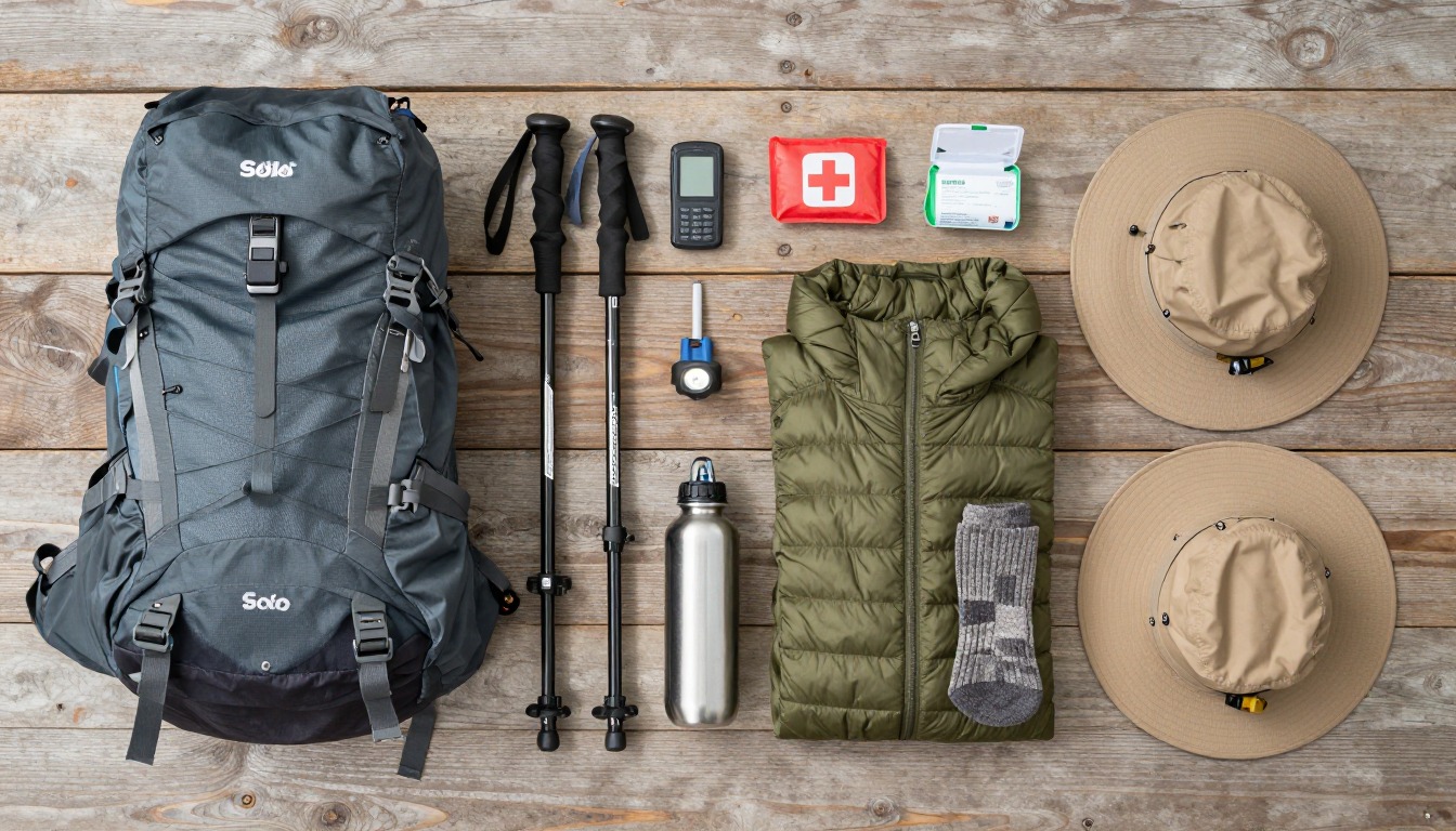 Flat-lay illustration of a complete solo female hiking setup kit