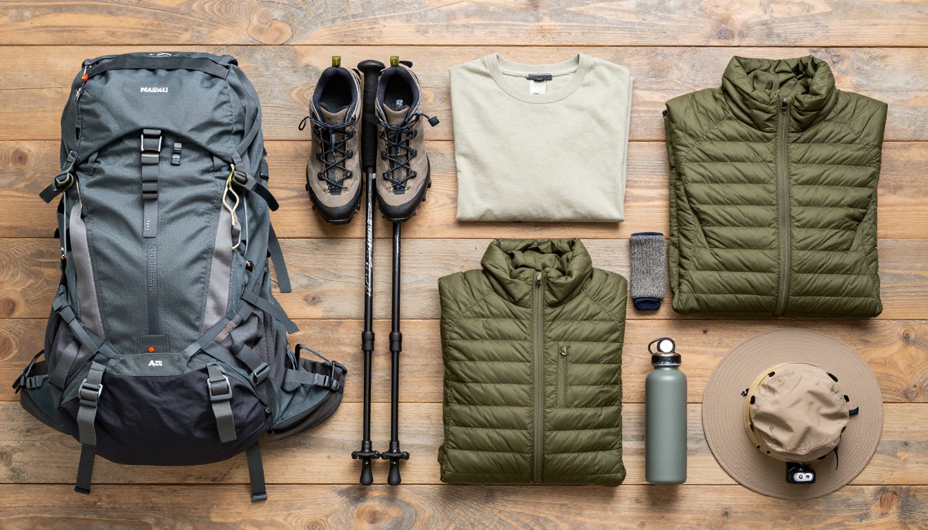 Flat-lay illustration of a complete spring wildflower hike setup kit