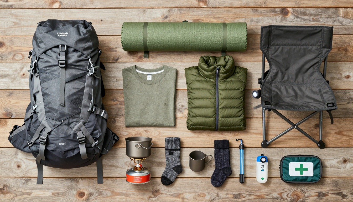 Flat-lay illustration of a complete stargazing overnight setup kit