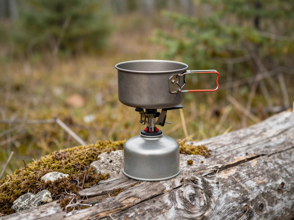 Illustration of a small canister backpacking stove under a titanium pot