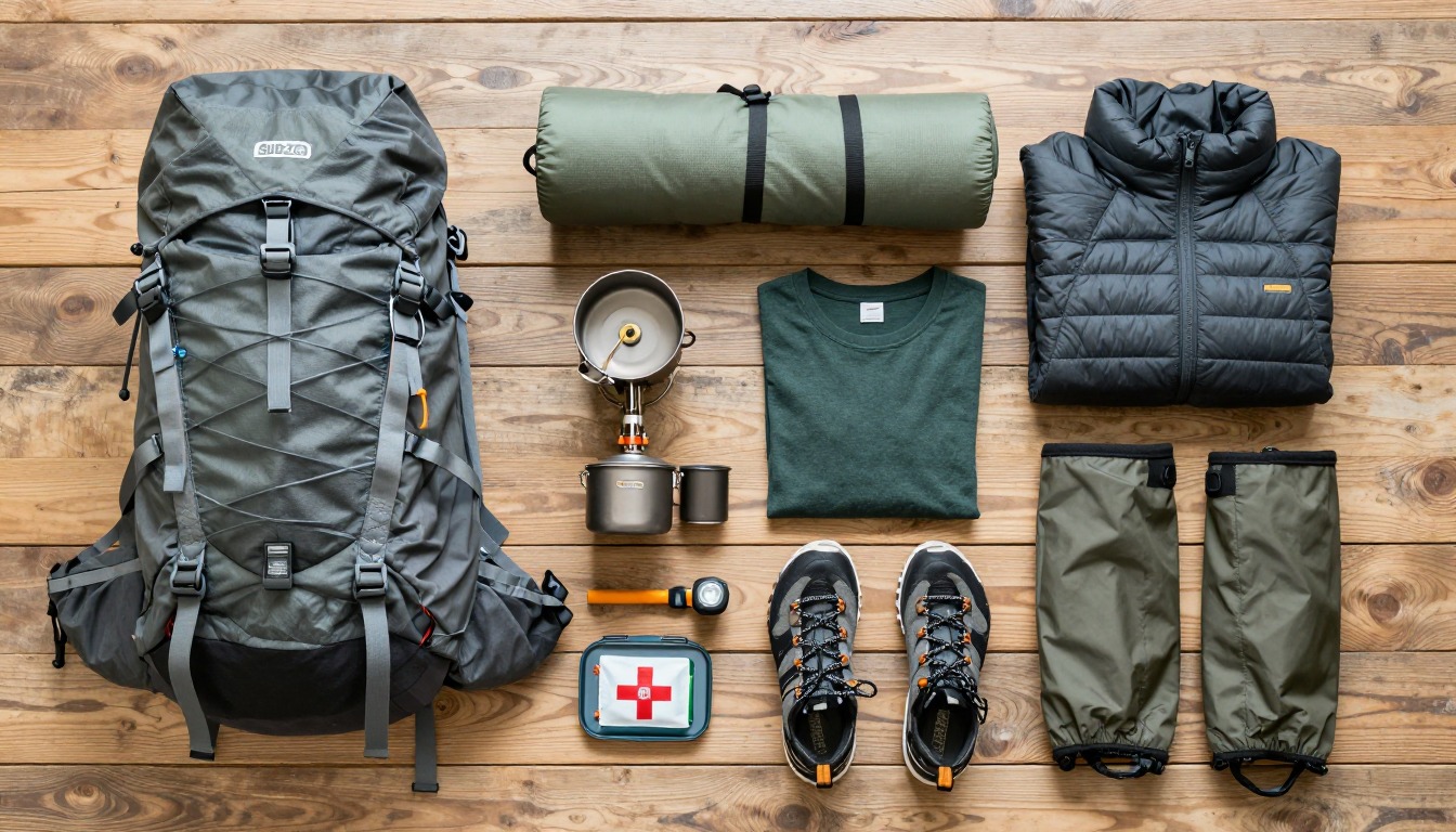 Flat-lay illustration of a complete sub-zero extreme-cold setup kit