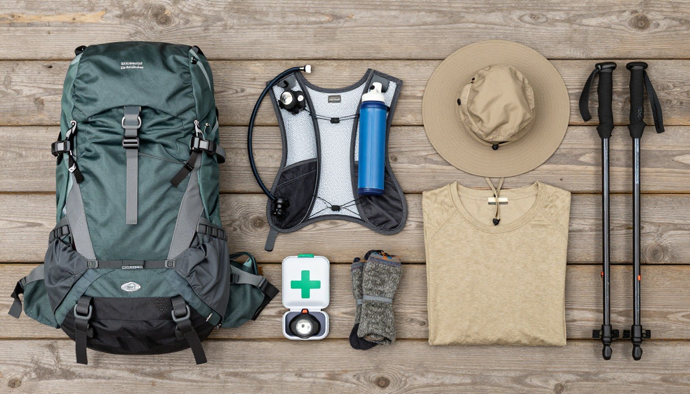 Flat-lay illustration of a complete summer day hike setup kit