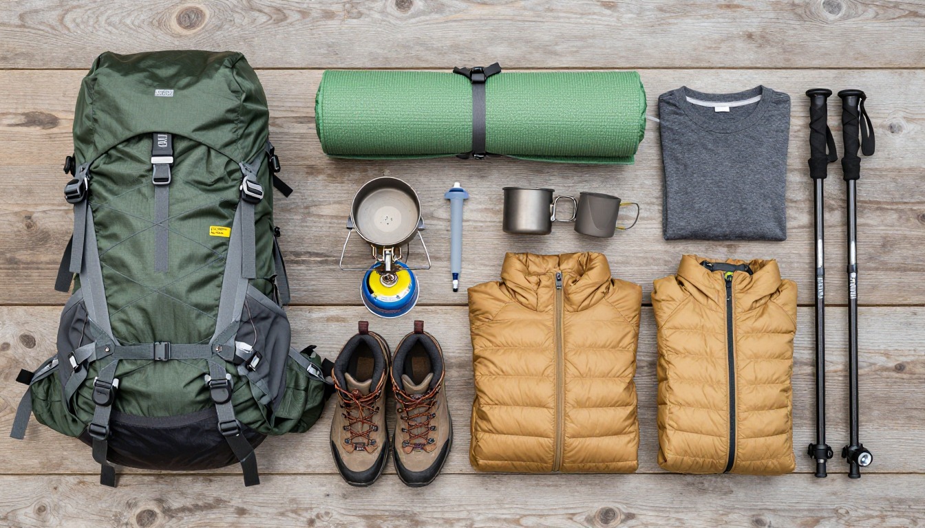 Flat-lay illustration of a complete sustainable & secondhand hiking setup kit
